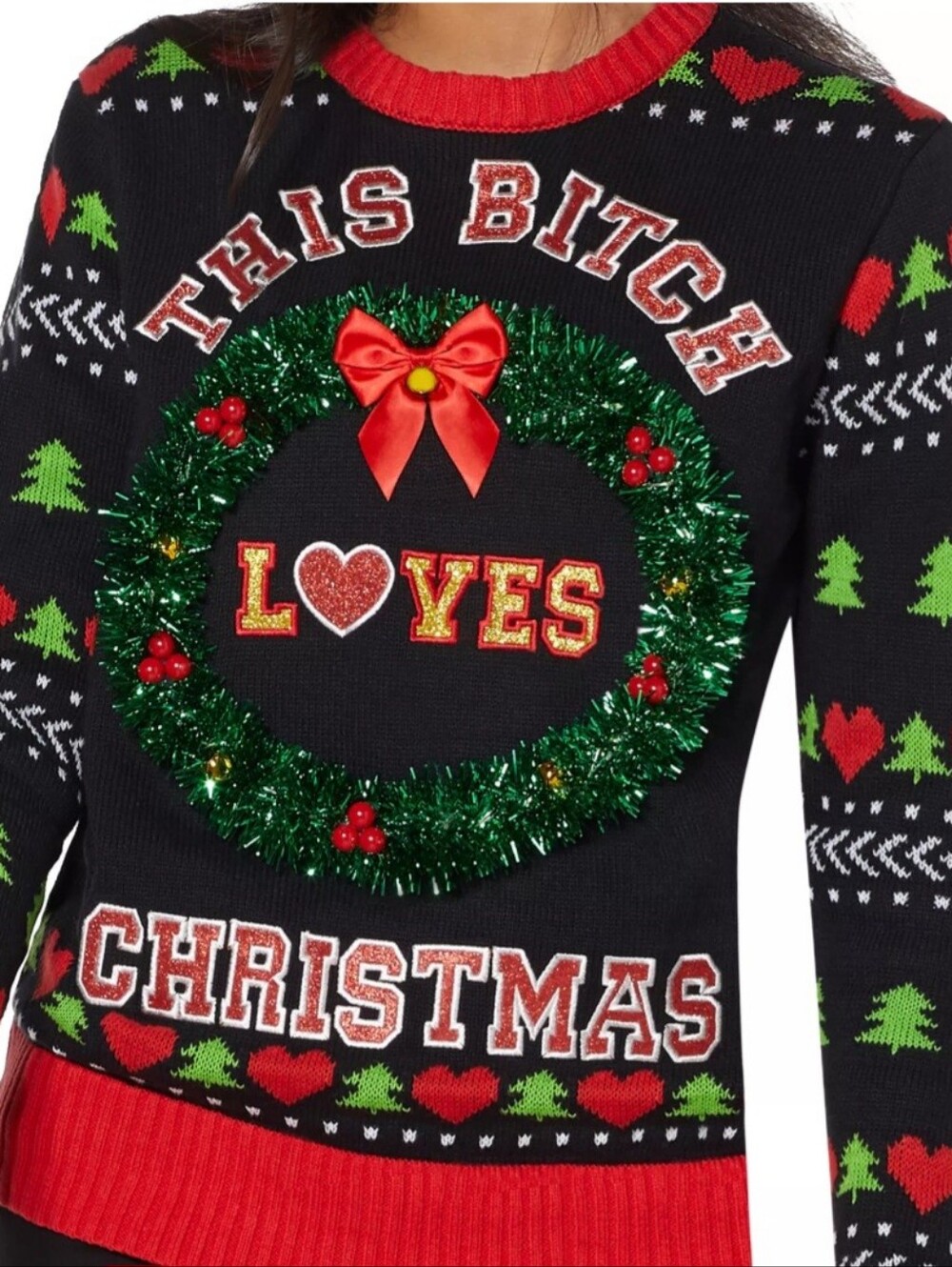 Spencers Holiday Graphic Knit Sweater - Black/Red/Green W/ Lights